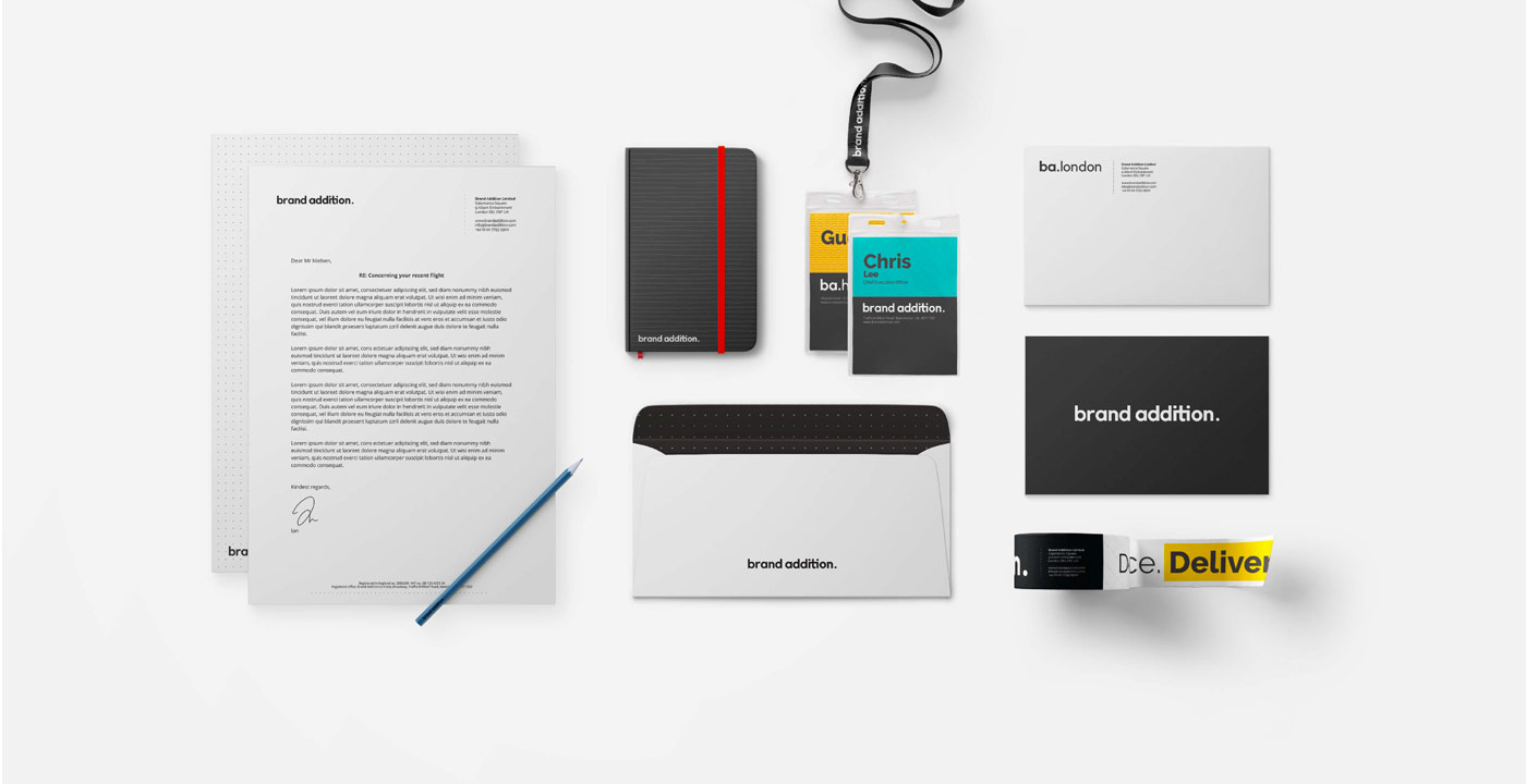 Brand Addition's new brand identity mocked up on stationery