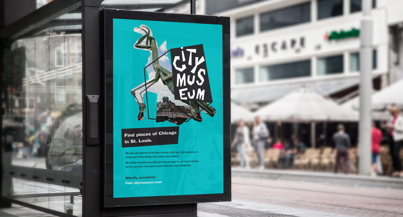 A City Museum branding creative expression featuring a bus stop shelter ad