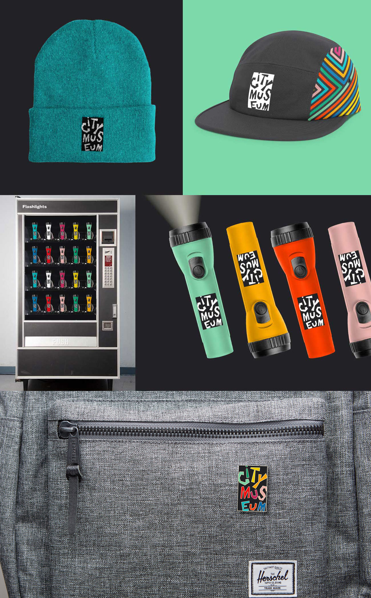 City Museum branding on merch, including a flashlight vending machine, hats and enamel pin