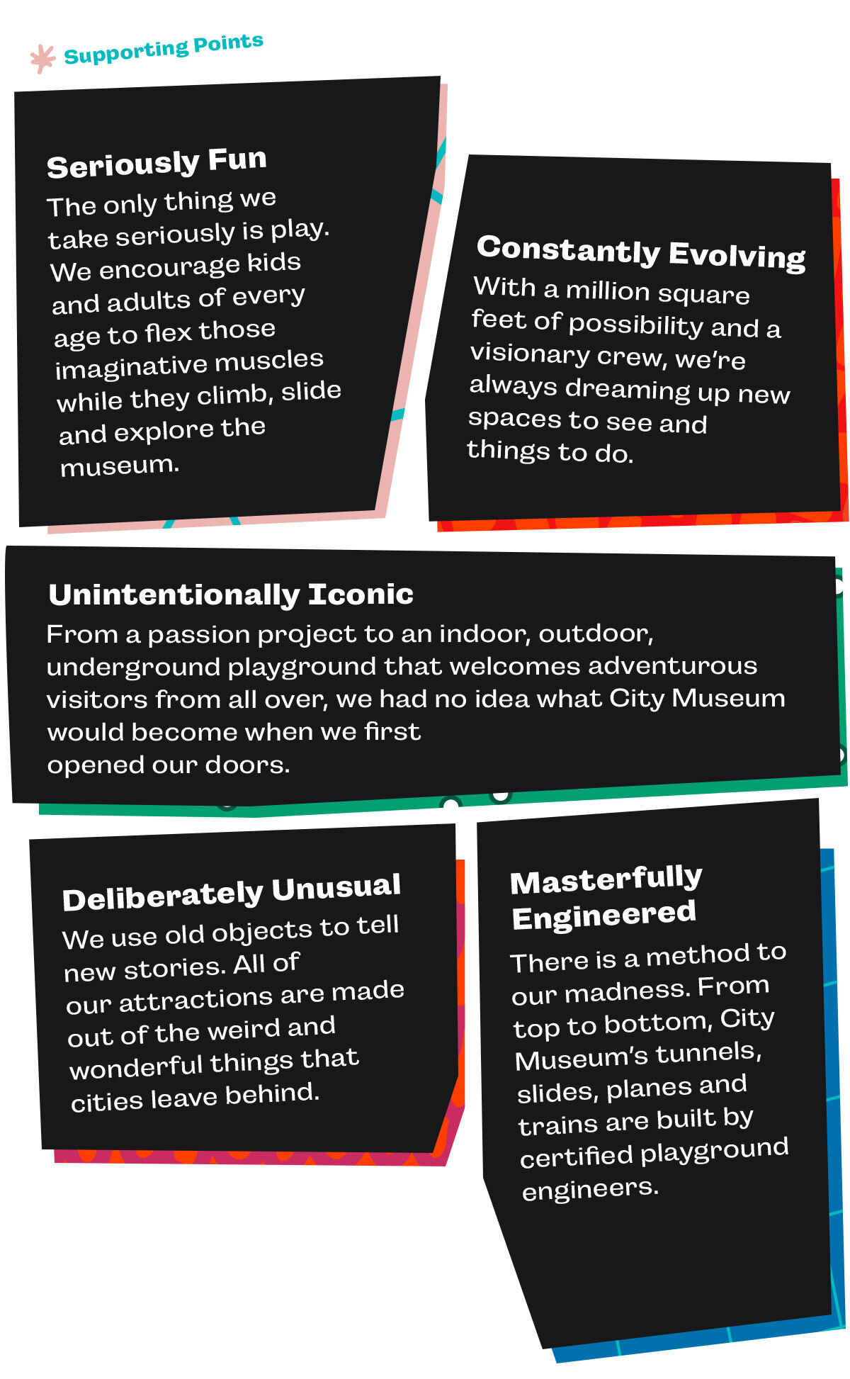 City Museum brand language supporting points, including "Unintentionally iconic," "Deliberately unusual" "Masterfully engineered" and "Seriously Fun"