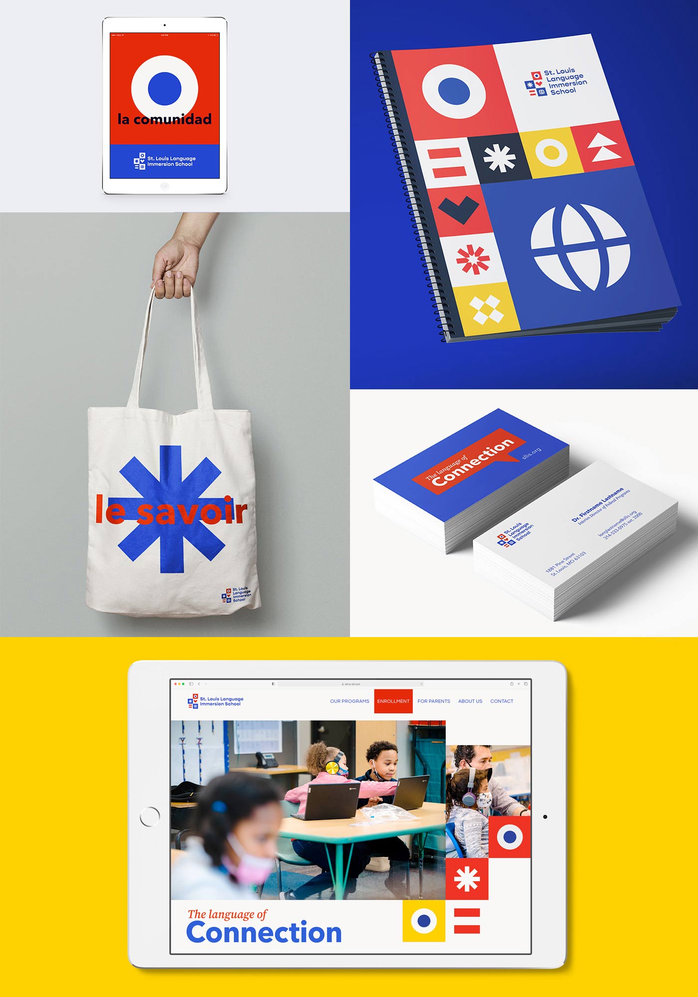 St. Louis Language Immersion School's new branding shown on business cards, a tote bag, website and more