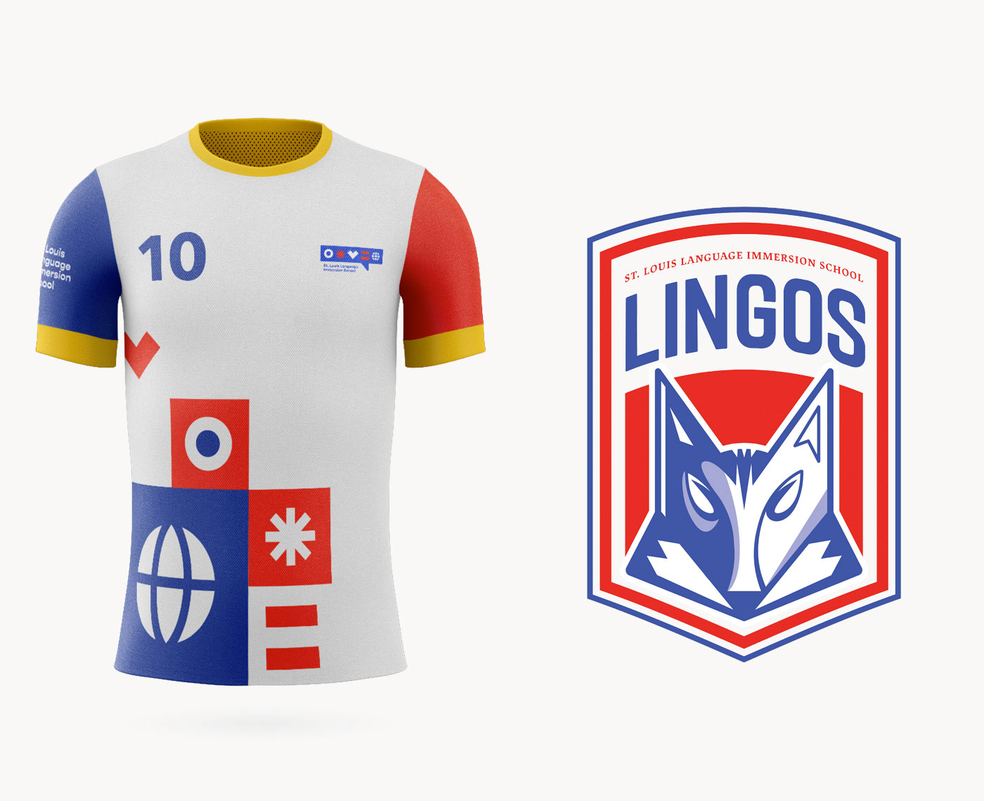 A mockup showing how St. Louis Language Immersion School's new branding could be expressed on a sports jersey