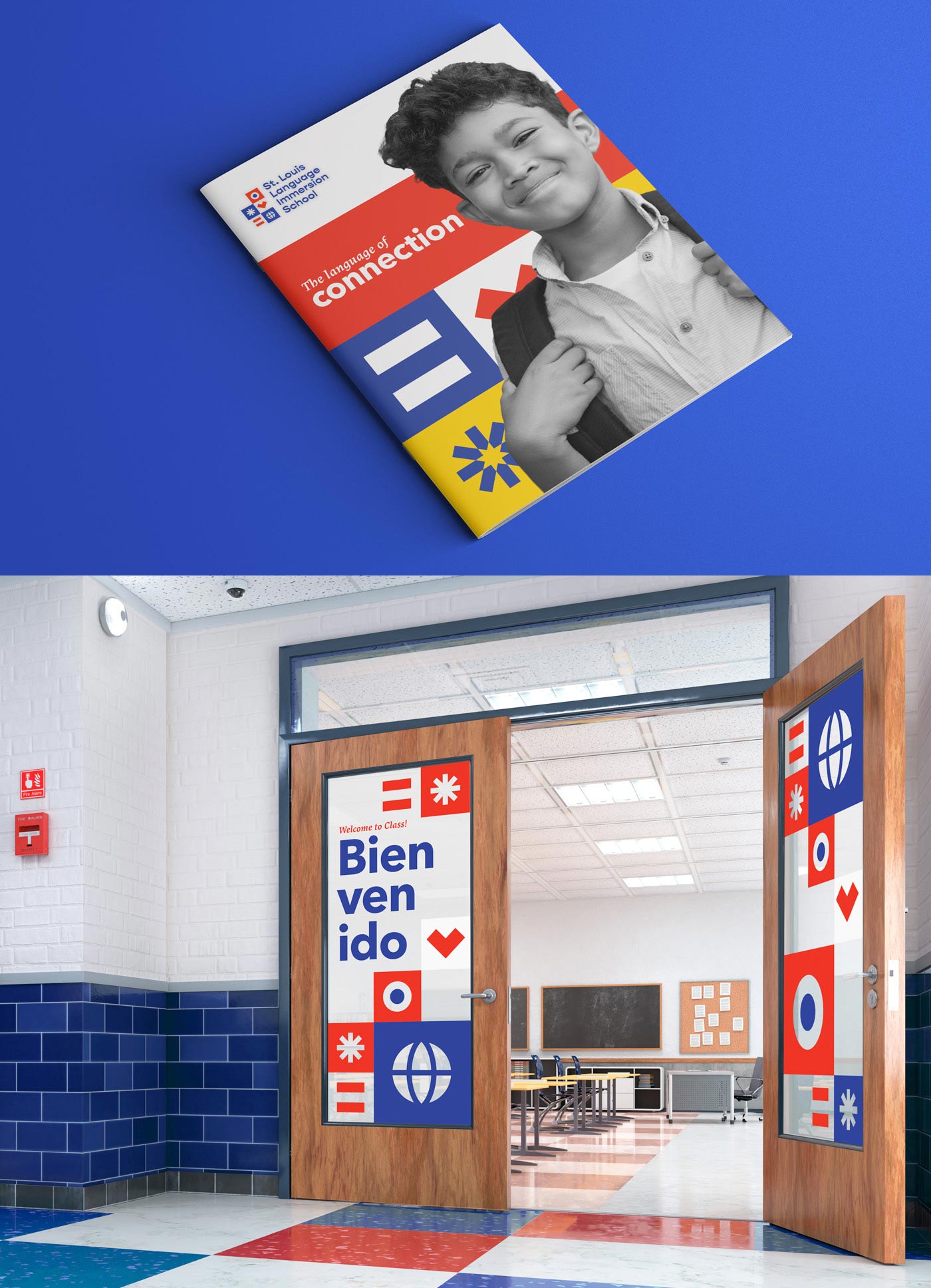 Creative expressions of St. Louis Language Immersion School's new branding, including a pamphlet and interior school signage