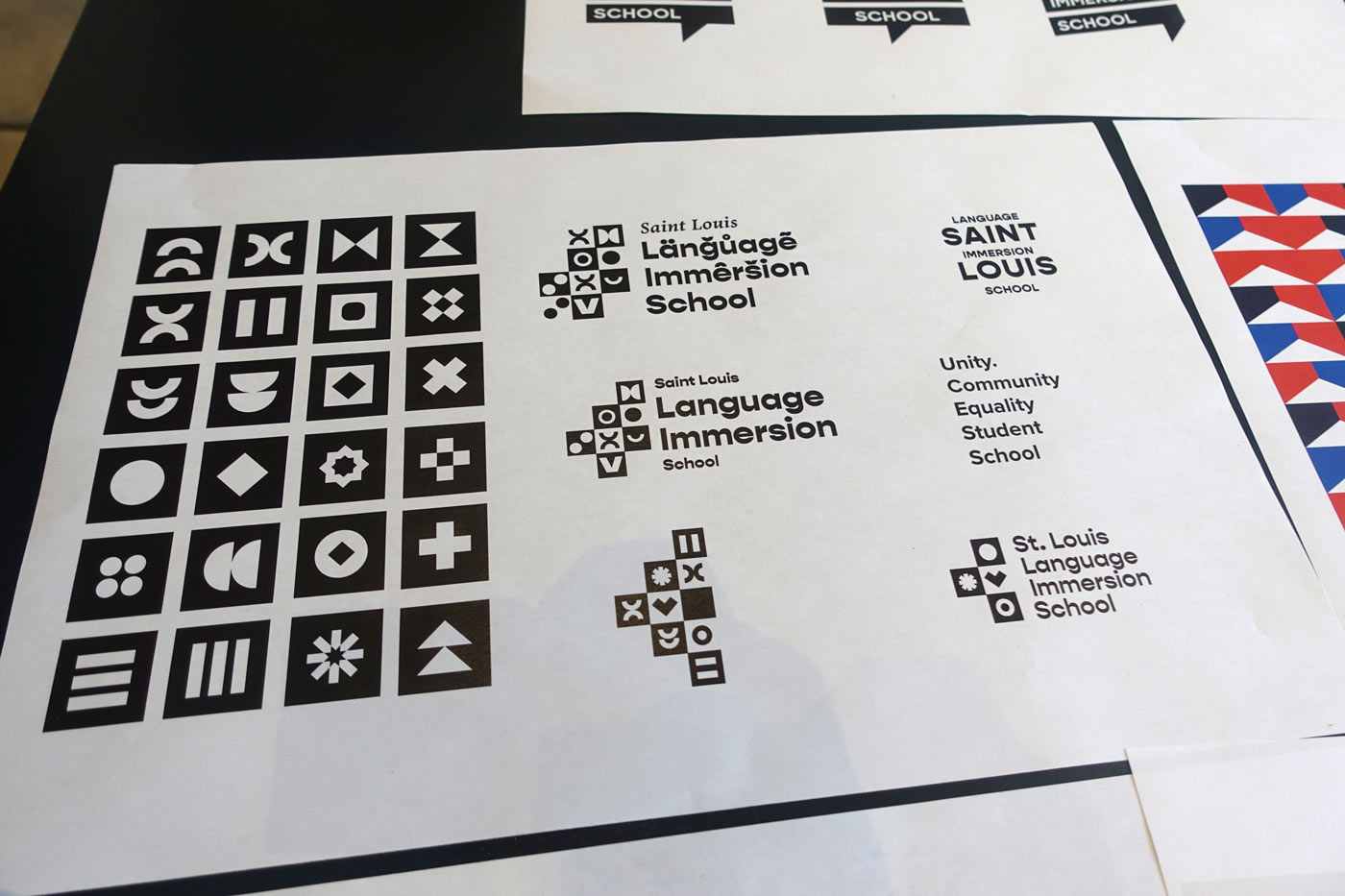 An in-progress print out of St. Louis Language Immersion School brand elements