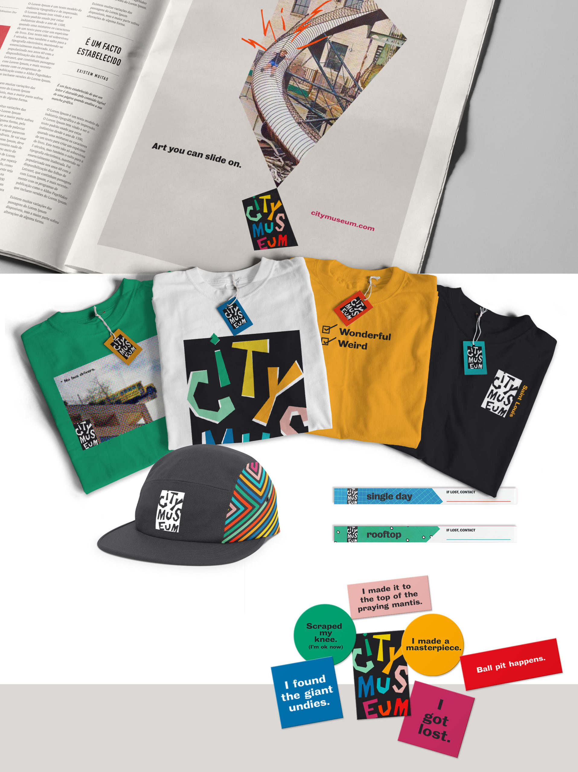 Expressions of City Museum's new branding, including t-shirts, stickers and a print ad