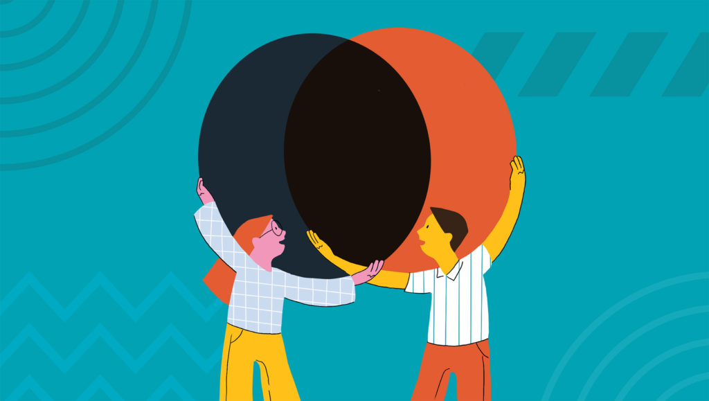 Illustration showing sales and marketing teams holding circles for a venn diagram