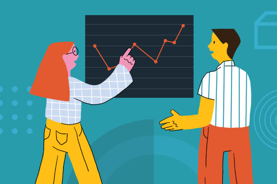 Illustration of sales and marketing team members looking at a graph