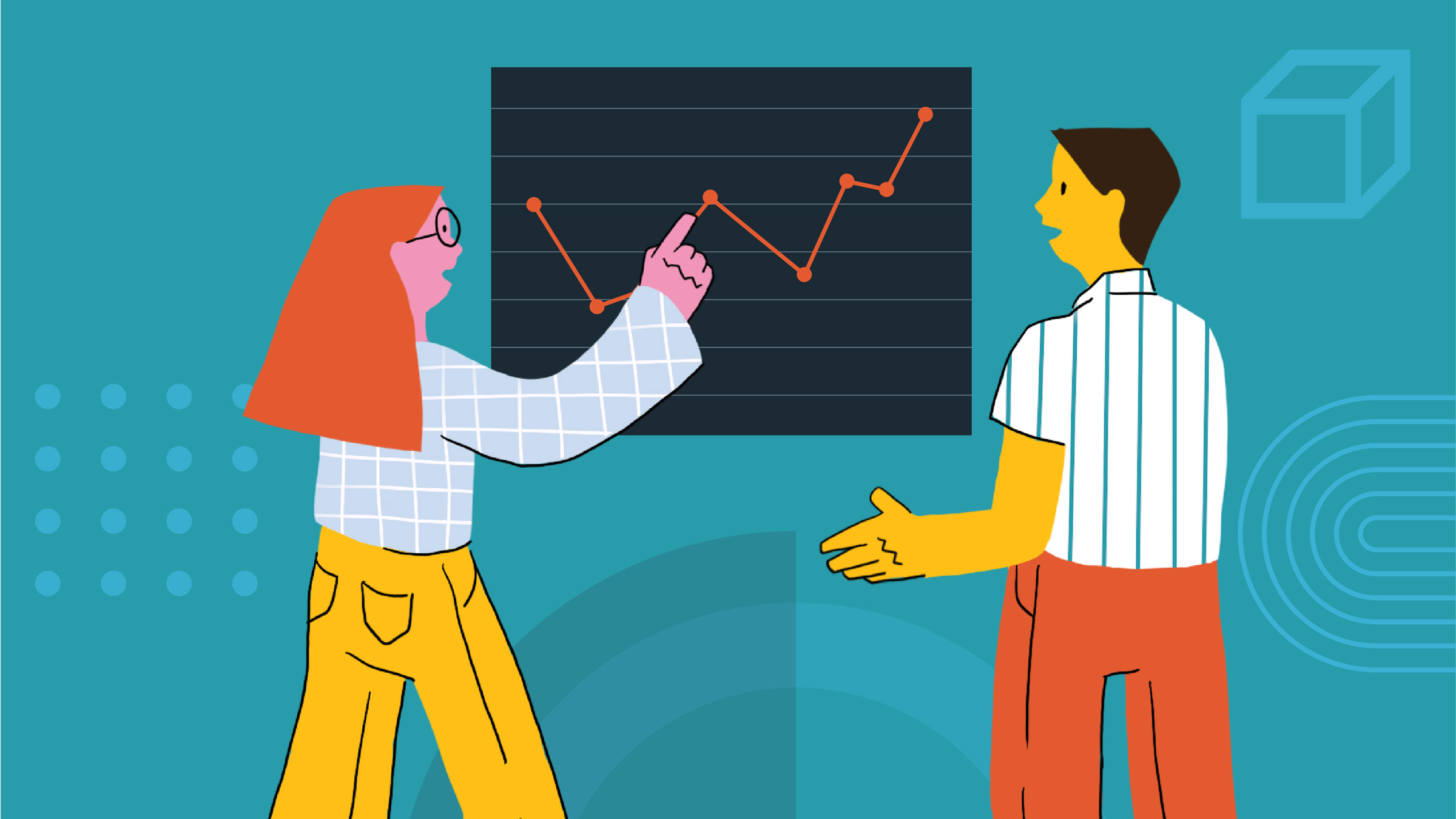 Illustration of sales and marketing team members looking at a graph
