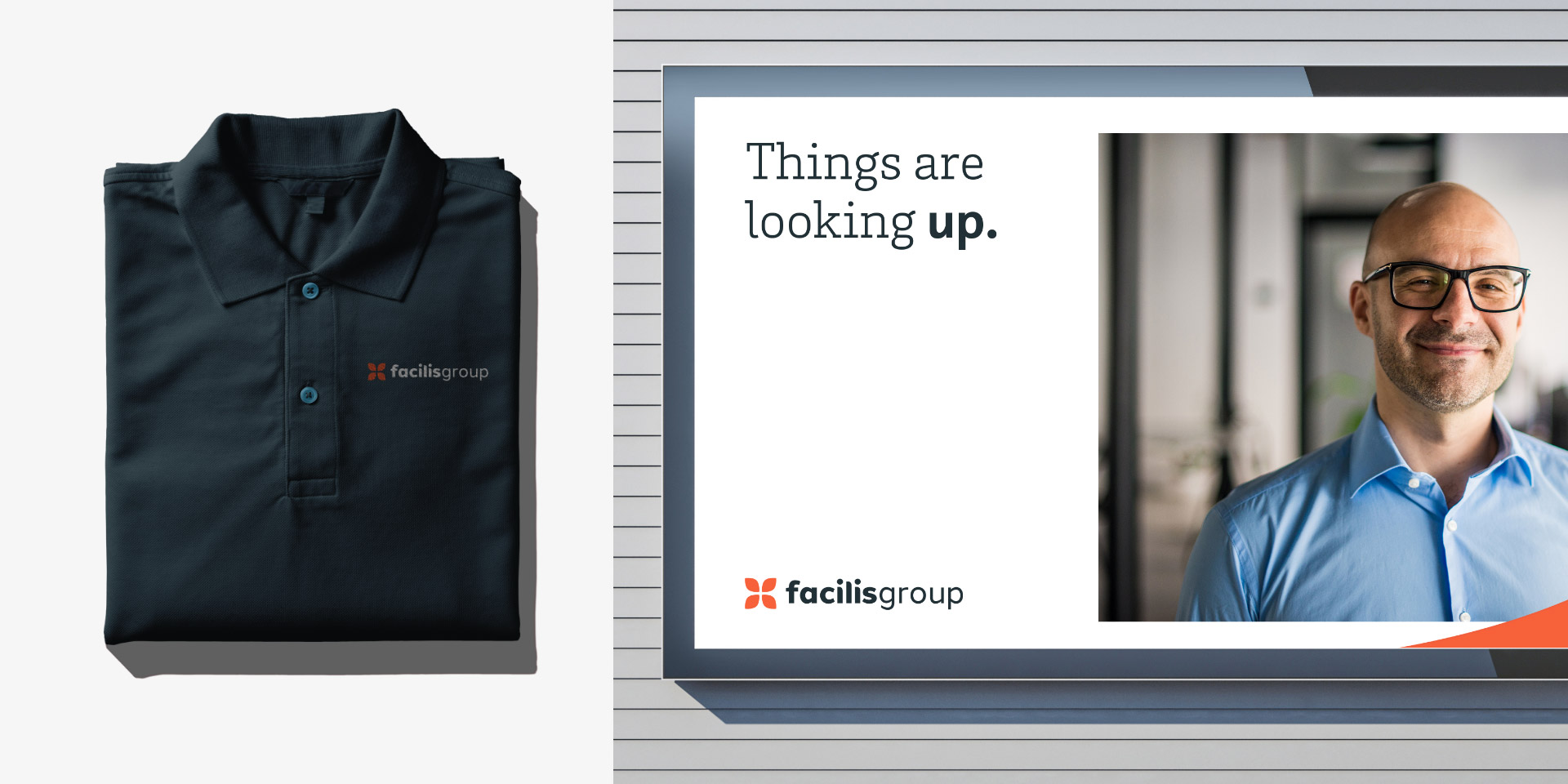 The new Facilisgroup brand identity on creative expressions including a polo and out-of-home advertising sign