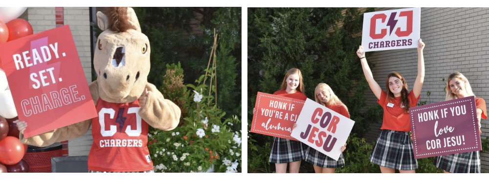 Students hold signs with the new Cor Jesu athletics branding