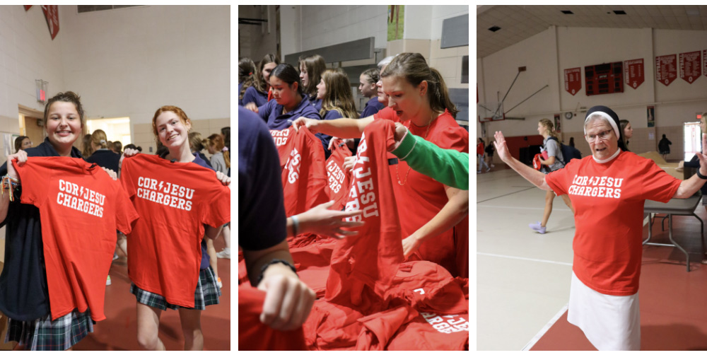 Students and staff get t-shirts with the new brand at a pep rally