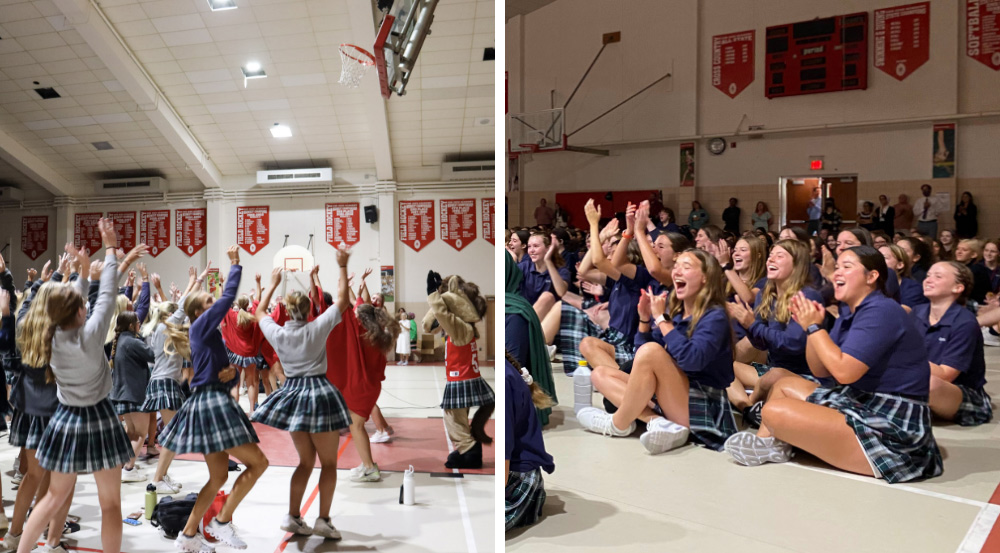 Students cheer on the new brand at a pep rally