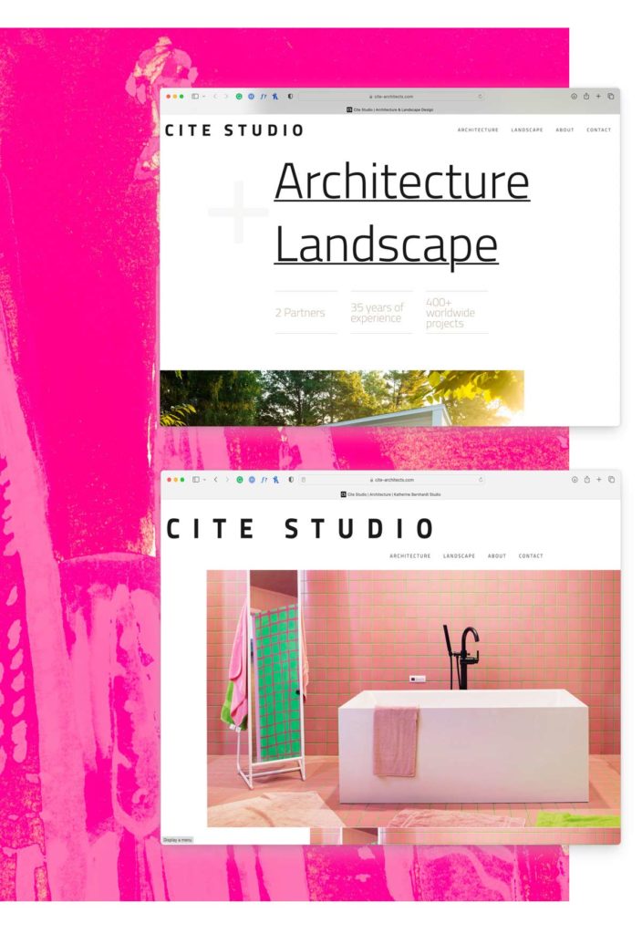 Pages from the Cite Studio architecture and landscape design website use type design, images of the architects' work and negative space for a unique design