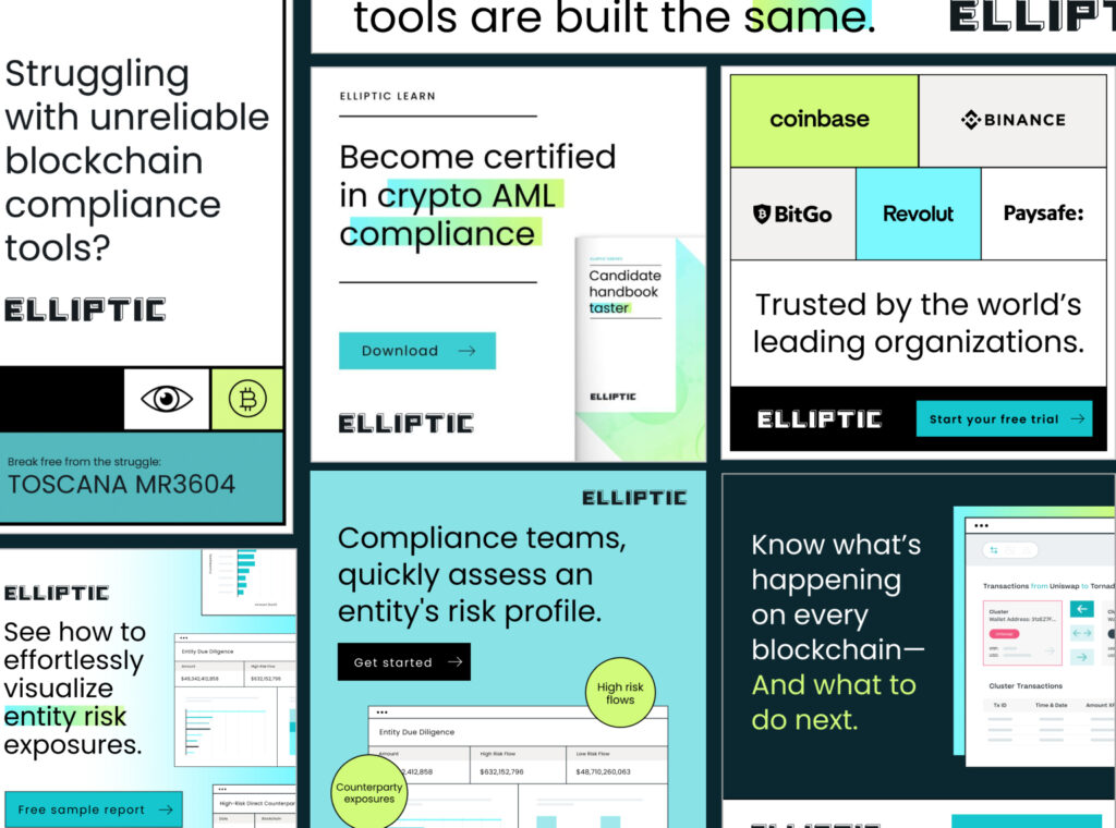 Images of digital marketing ads created for Elliptic, a blockchain analytics and regulatory tech company