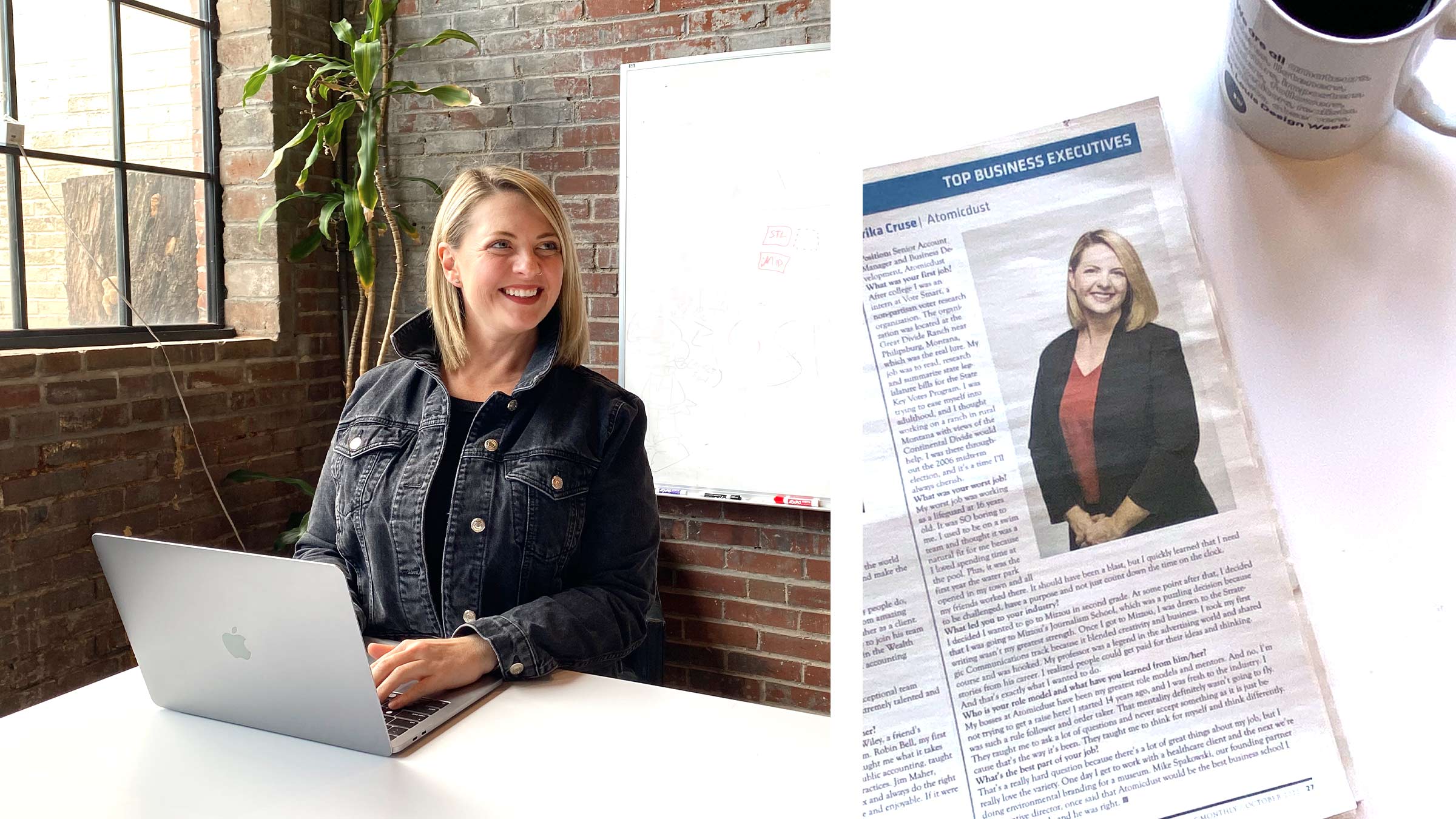 Erika Cruse works at the Atomicdust office next to a copy of the Small Business Monthly article spotlighting her accomplishments