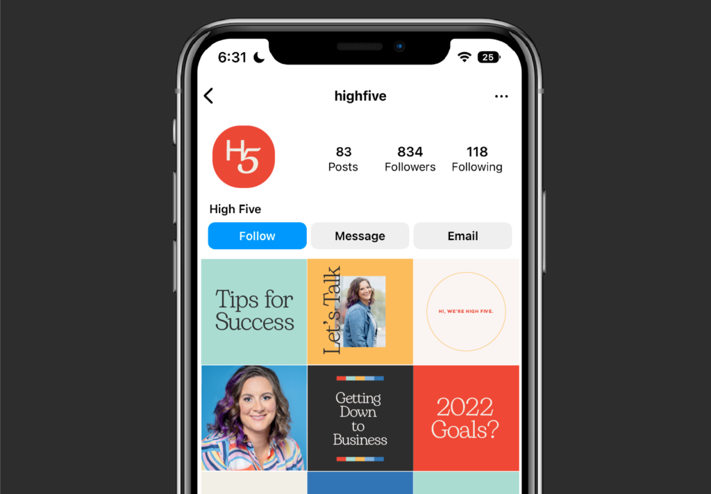 Mockup of an iPhone with the High Five Strategies Instagram
