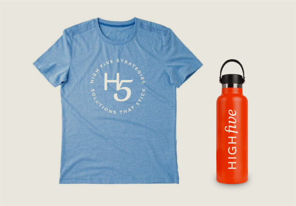 The new High Five Strategies brand on swag, including a t-shirt and water bottle
