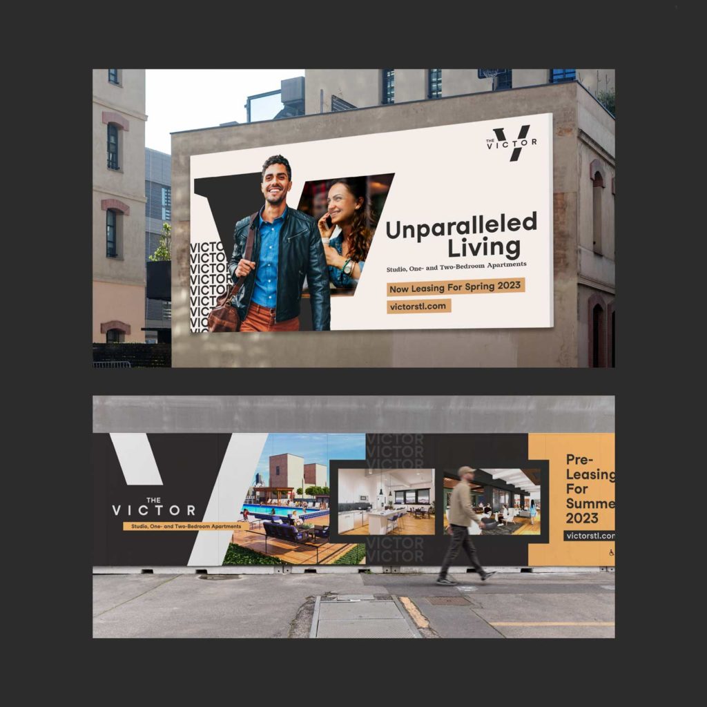 Billboards and construction signage with The Victor branding