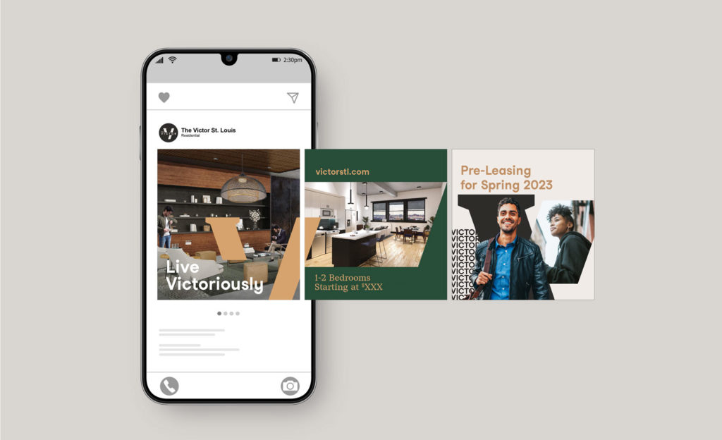 Social media post designs featuring The Victor branding