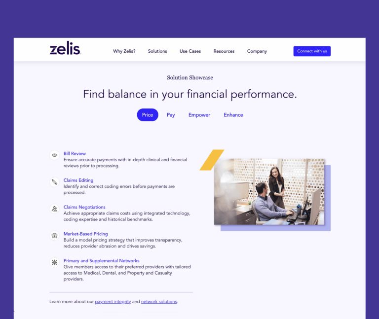 Solution showcase from the Zelis website design
