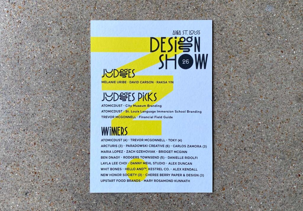 Postcard from the AIGA St. Louis Design Show listing the judges, Judges Picks and all winners