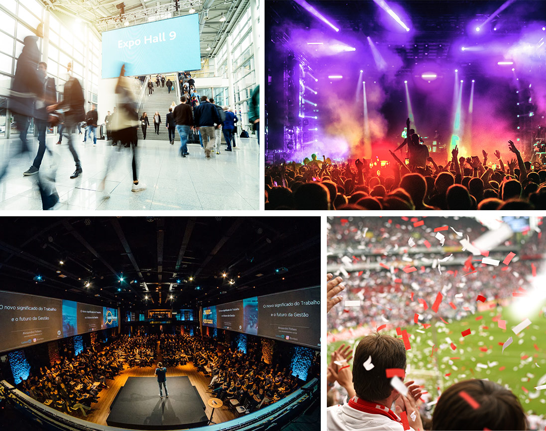 Photographs of crowds at stadiums and other large venues that we used as inspiration for our branding process.