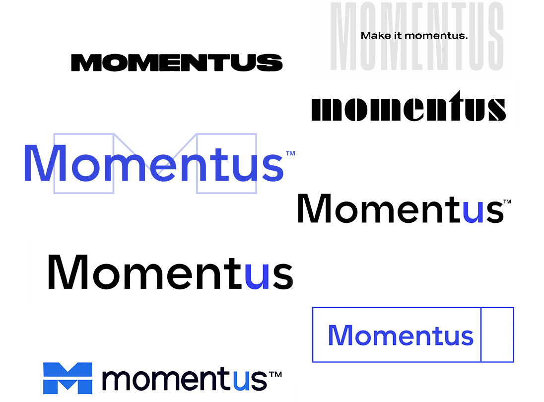 Several logo design directions of the Momentus brand identity.