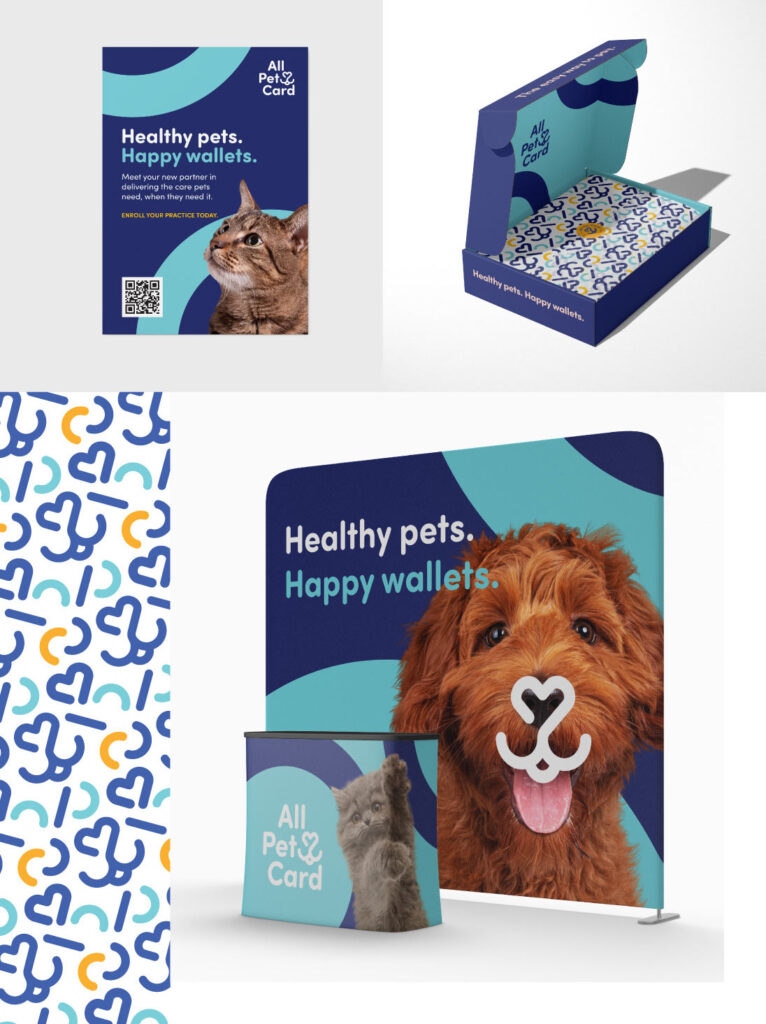 All Pet Card branding creative expressions, including the brand pattern, trade show booth and box mailer