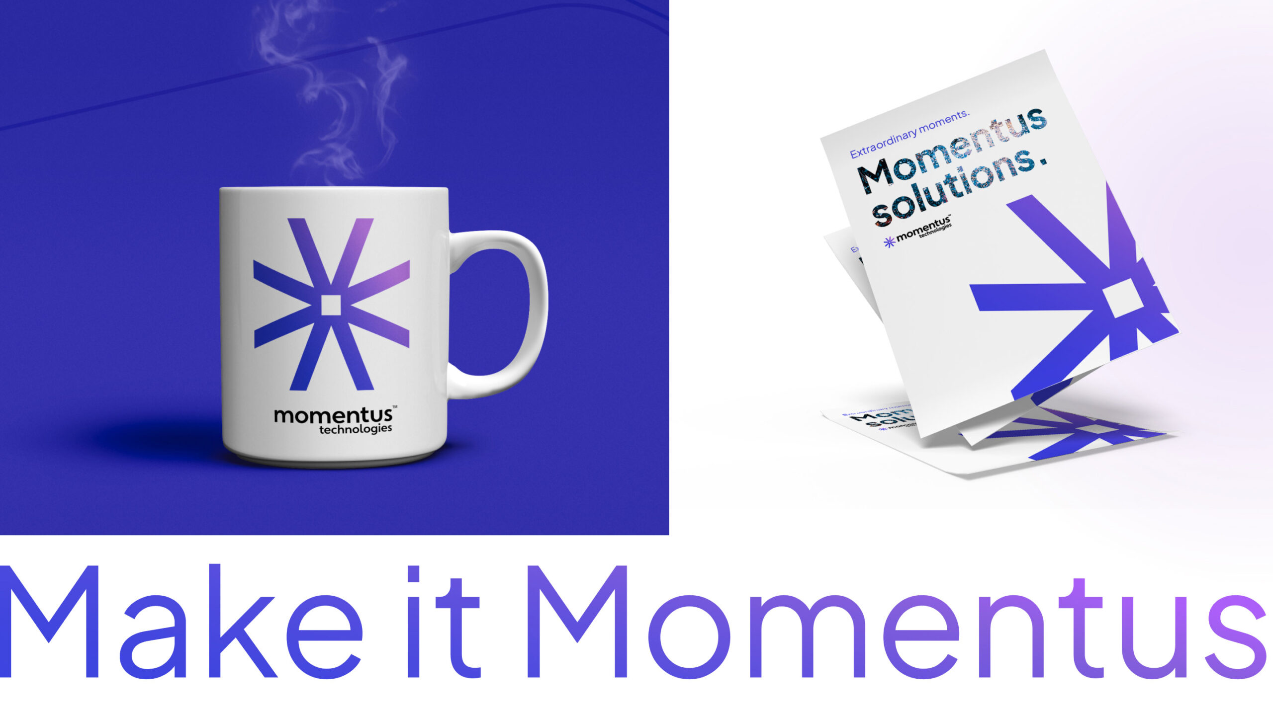 Mockup of a coffee mug and marketing collateral featuring the new Momentus Technologies branding