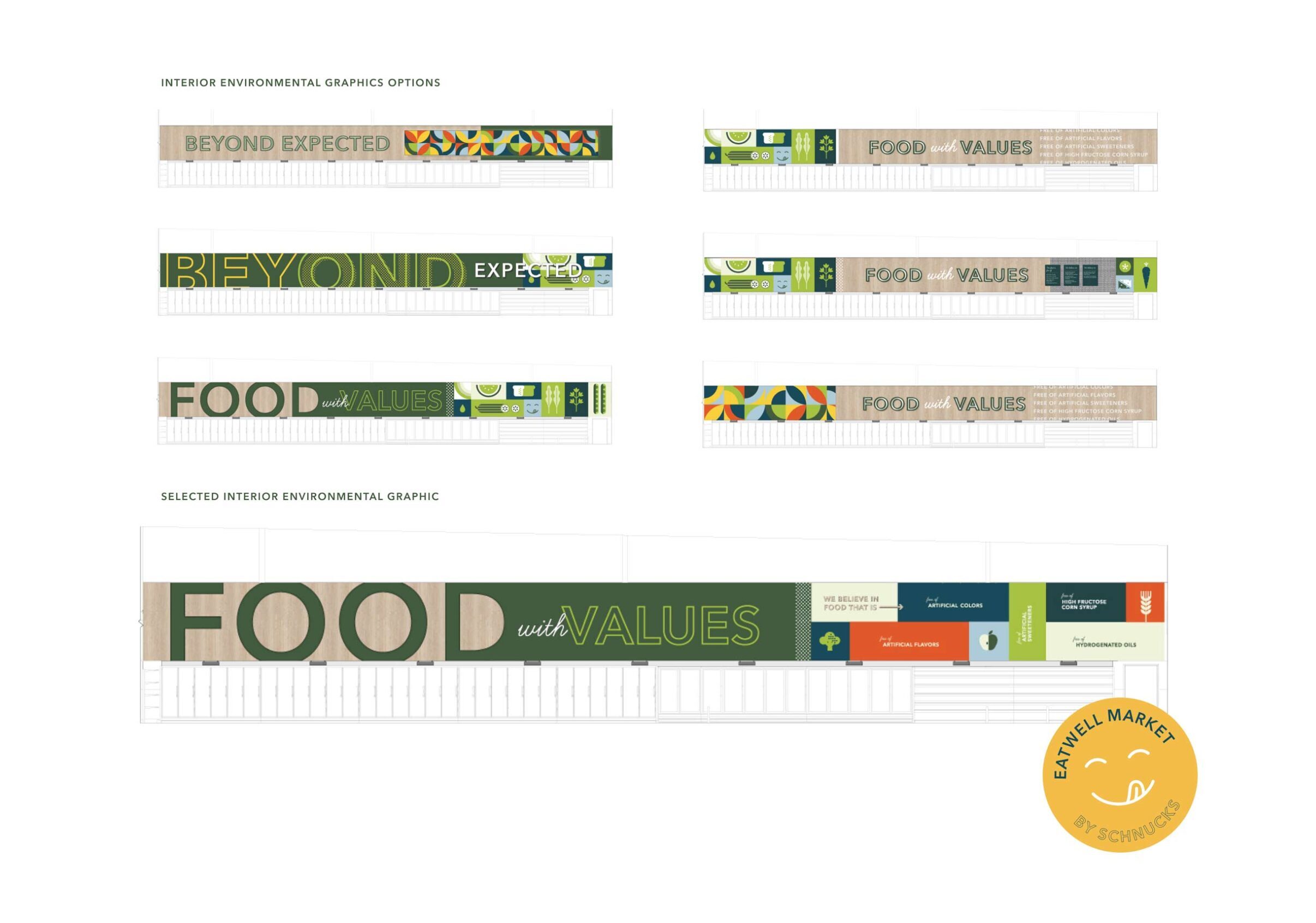 Mockups and the approved version of the Eatwell grocery store environmental graphics above the freezer section