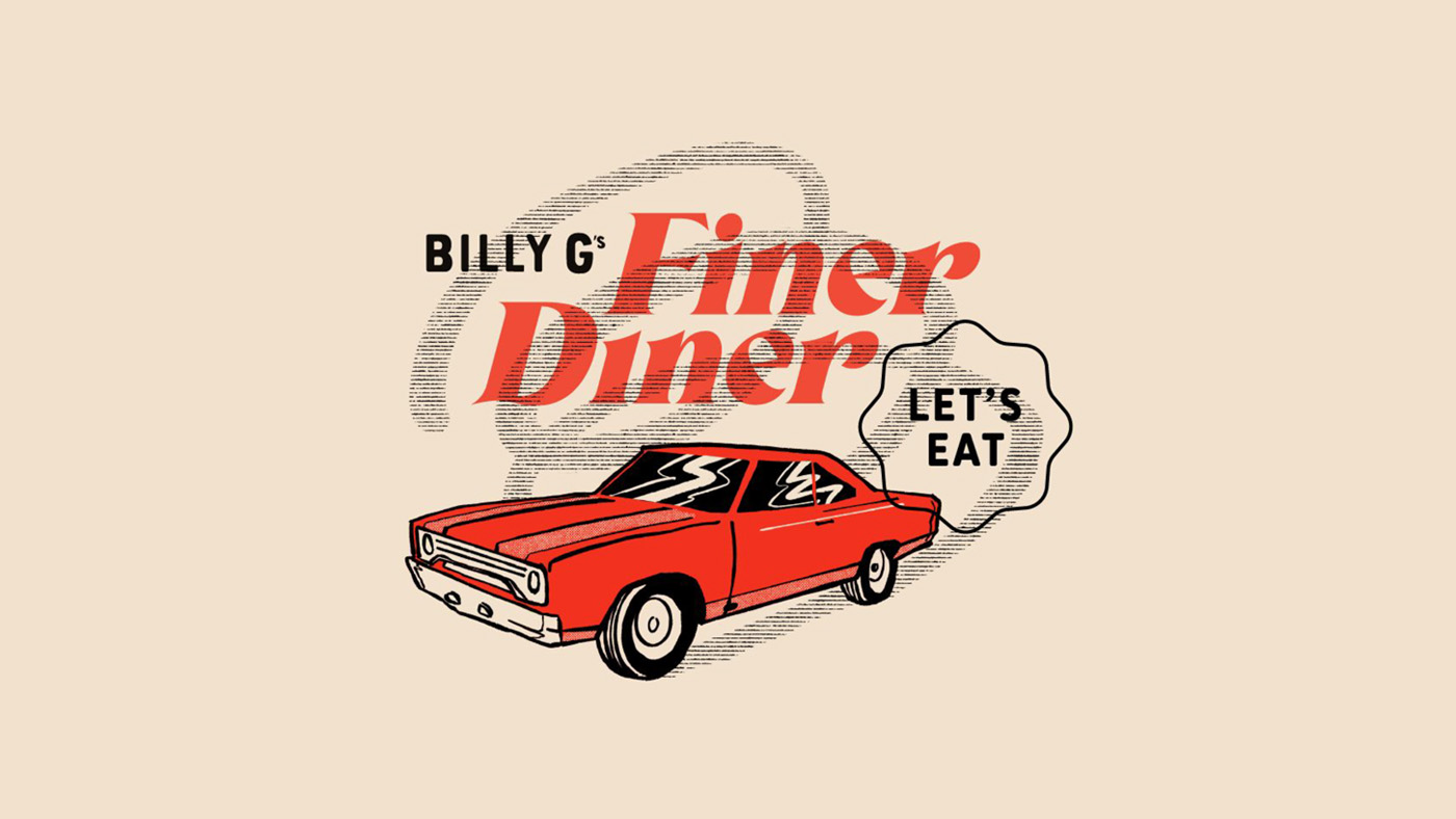Billy G's Finer Diner brand illustration with a muscle car and tire tracks