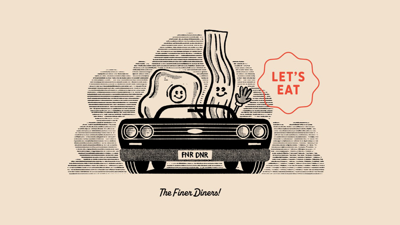 Billy G's Finer Diner brand illustration of a bacon strip and egg driving a retro car
