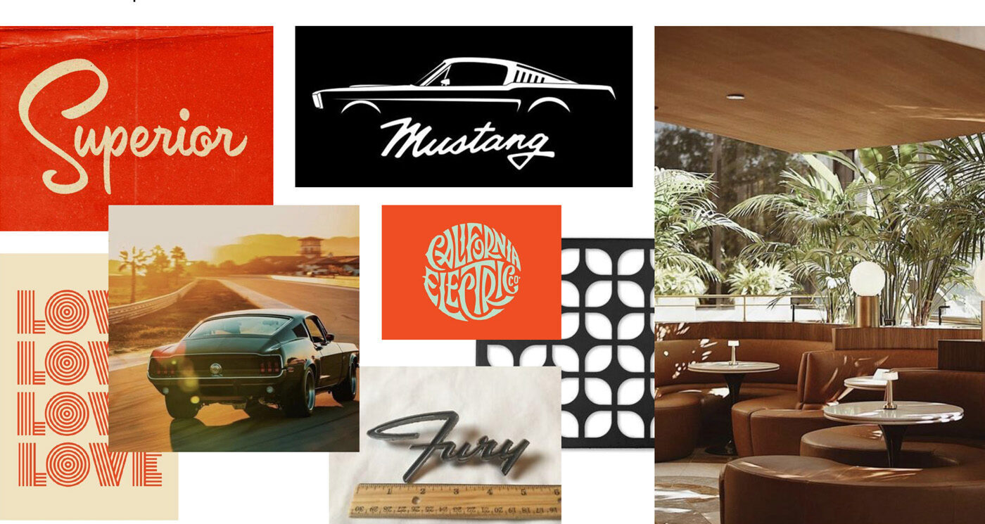 Images from the Billy G's brand identity mood board, including retro type, muscle cars and mid-century Palm Springs interiors