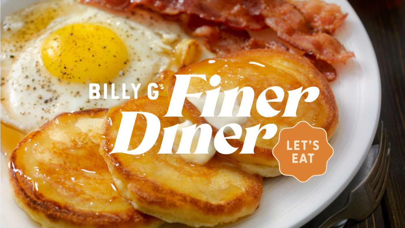Billy G's Finer Diner brand visuals over a photo of a breakfast plate