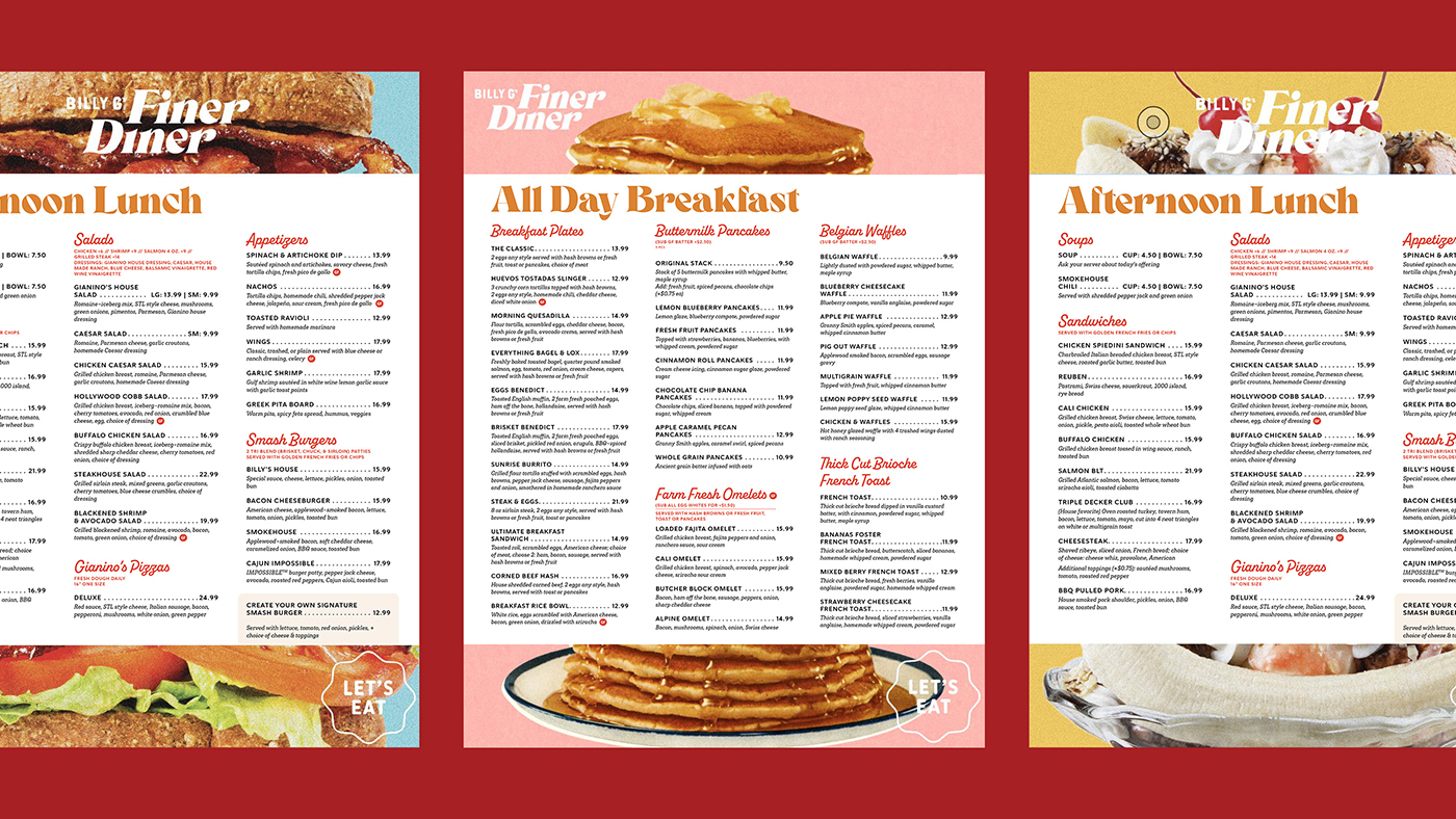 All-day breakfast and lunch menus with the Billy G's Finer Diner branding