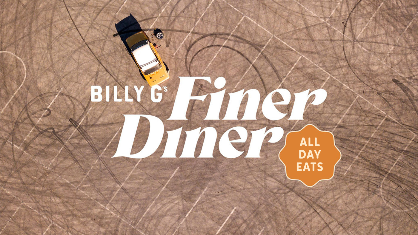 Billy G's Finer Diner restaurant branding and logo over a birds eye photo of a retro car doing donuts in a parking lot