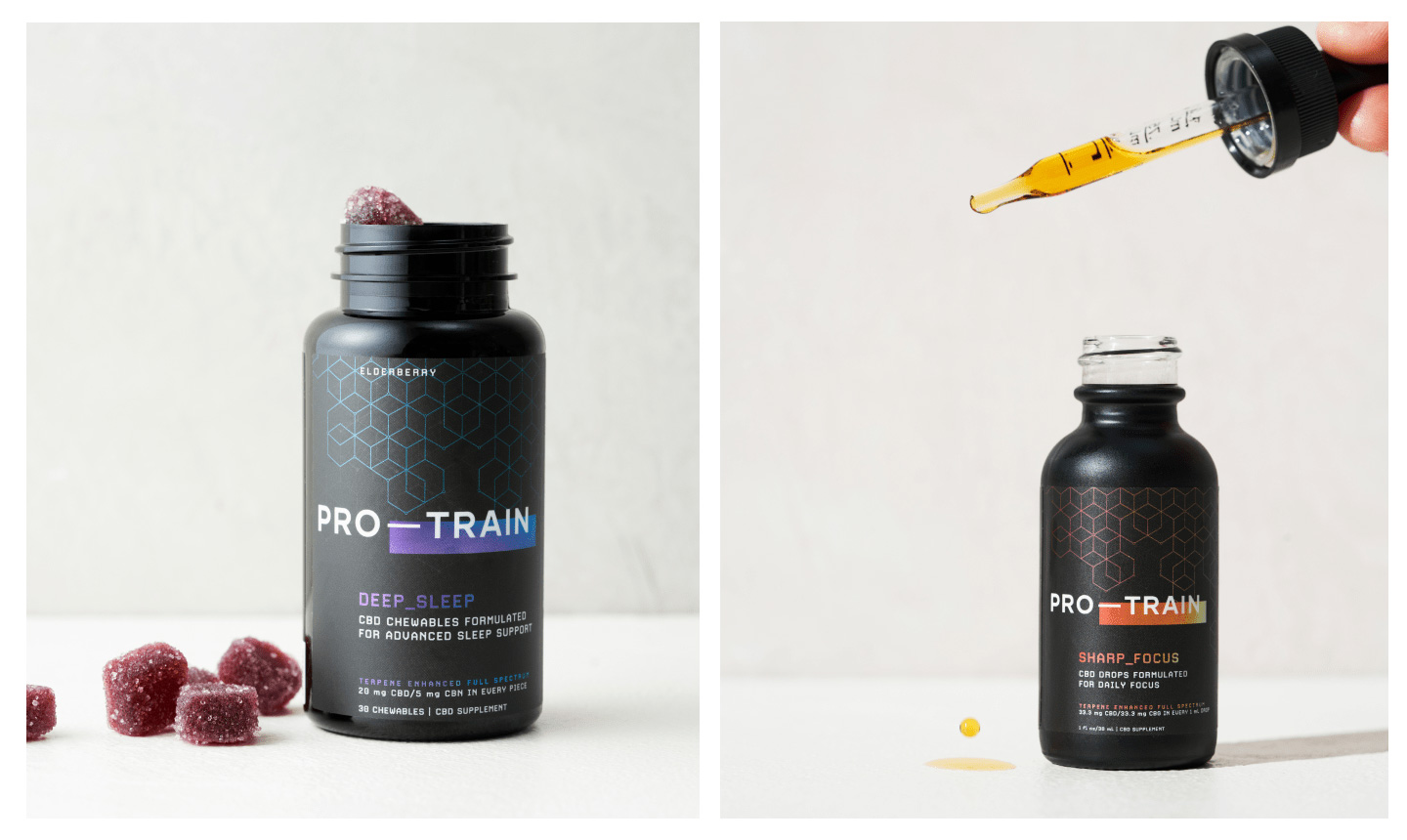 Packaging design for the Pro-Train CBD chewables and drops