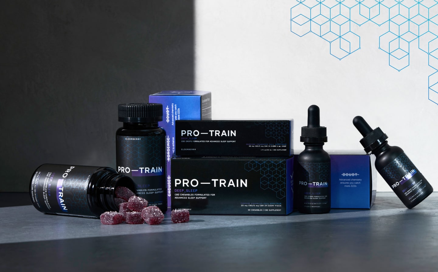 Pro-Train packaging design across the product line, including CBD chewables, drops, lotion and gel