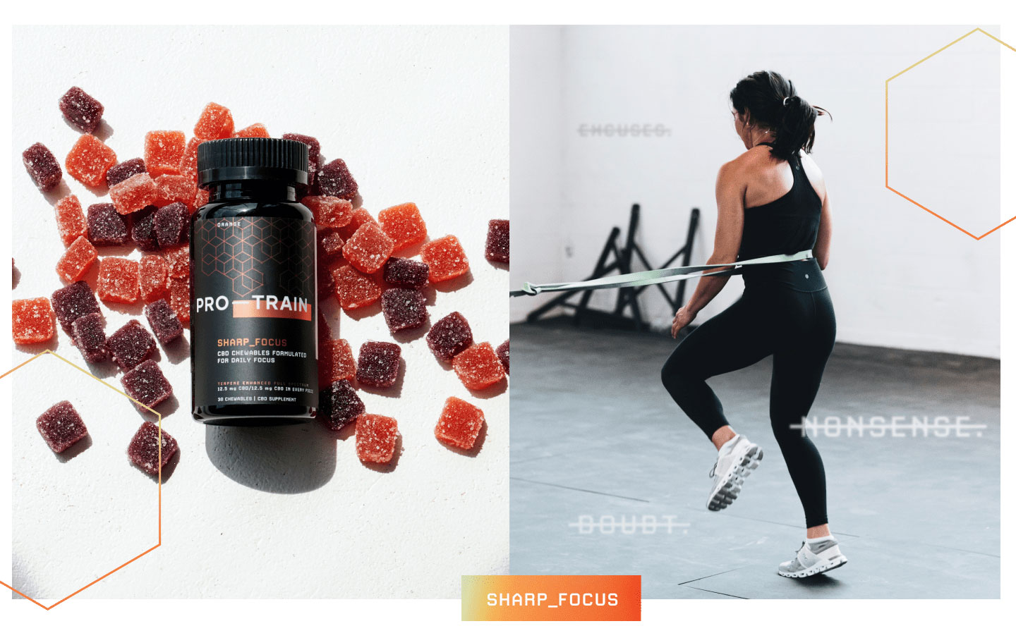 Packaging design for the Pro-Train chewables juxtaposed with an image of an athlete exercising