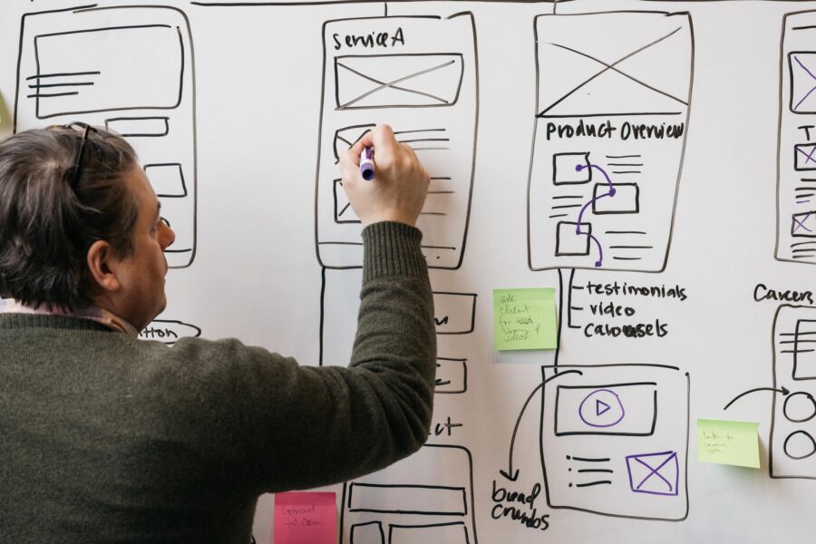 An Atomicdust designer maps out components of a B2B landing page on a white board