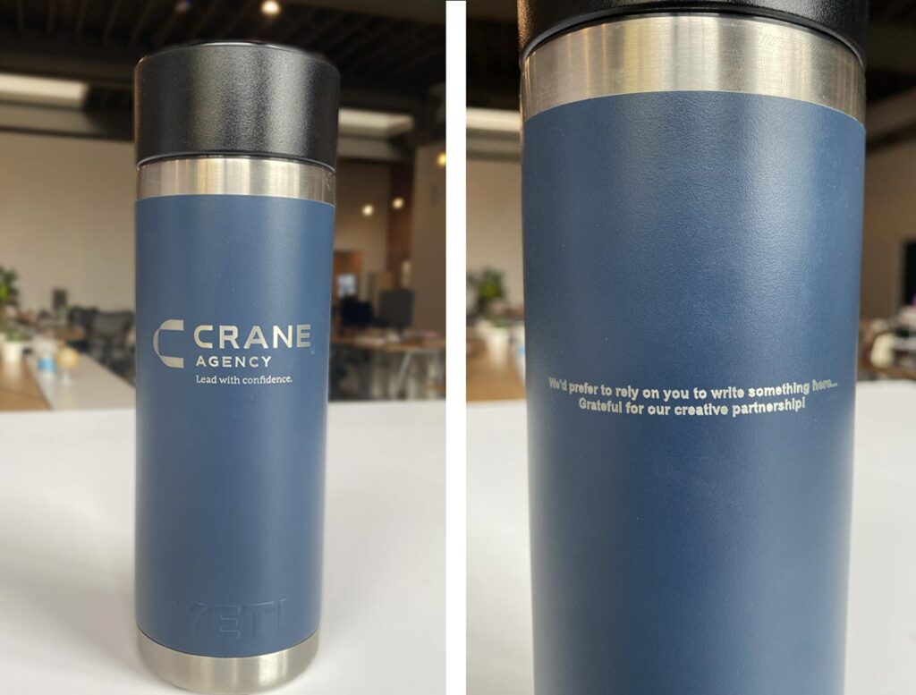 Photos of the travel mugs the Crane team surprised the Atomicdust team with