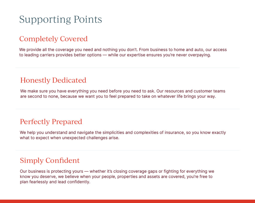 Crane Agency brand language supporting points, including "Completely covered," "Honestly dedicated," "Perfectly prepared," and "Simply confident."