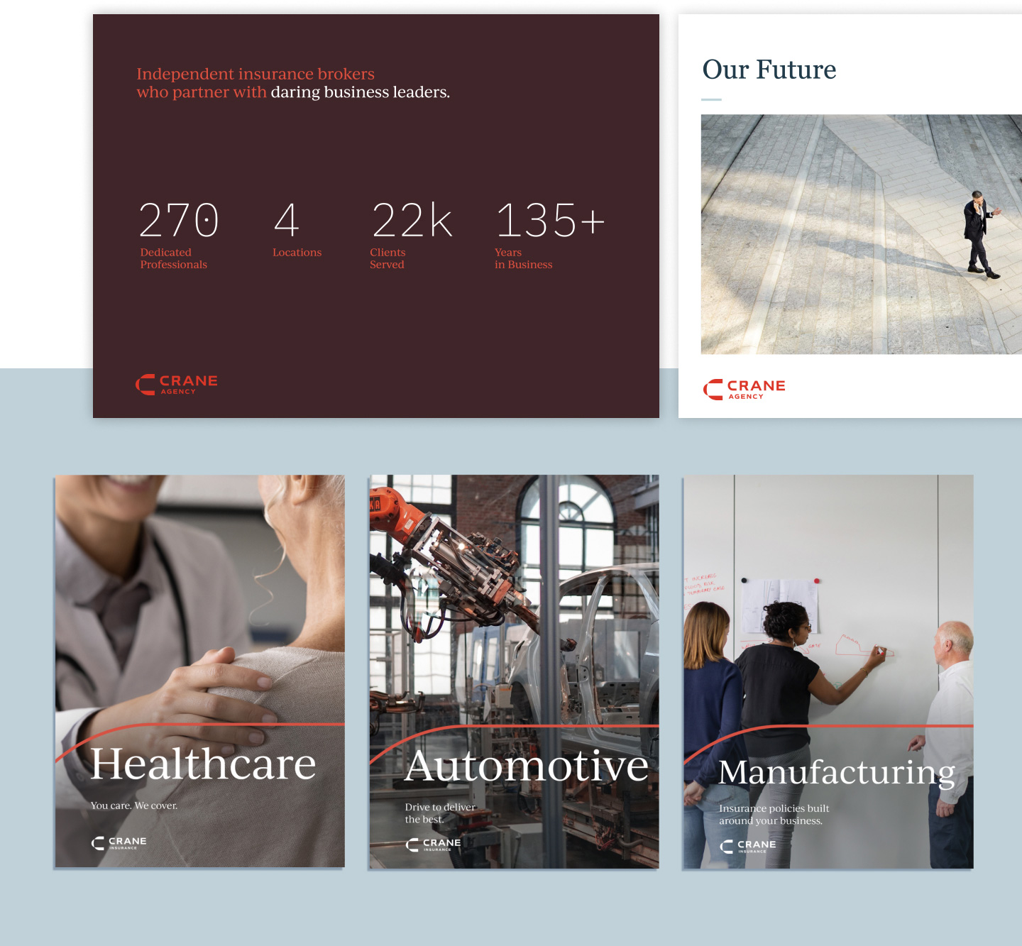 Crane Agency insurance marketing brochures for its different target industries, including healthcare, automotive and manufacturing