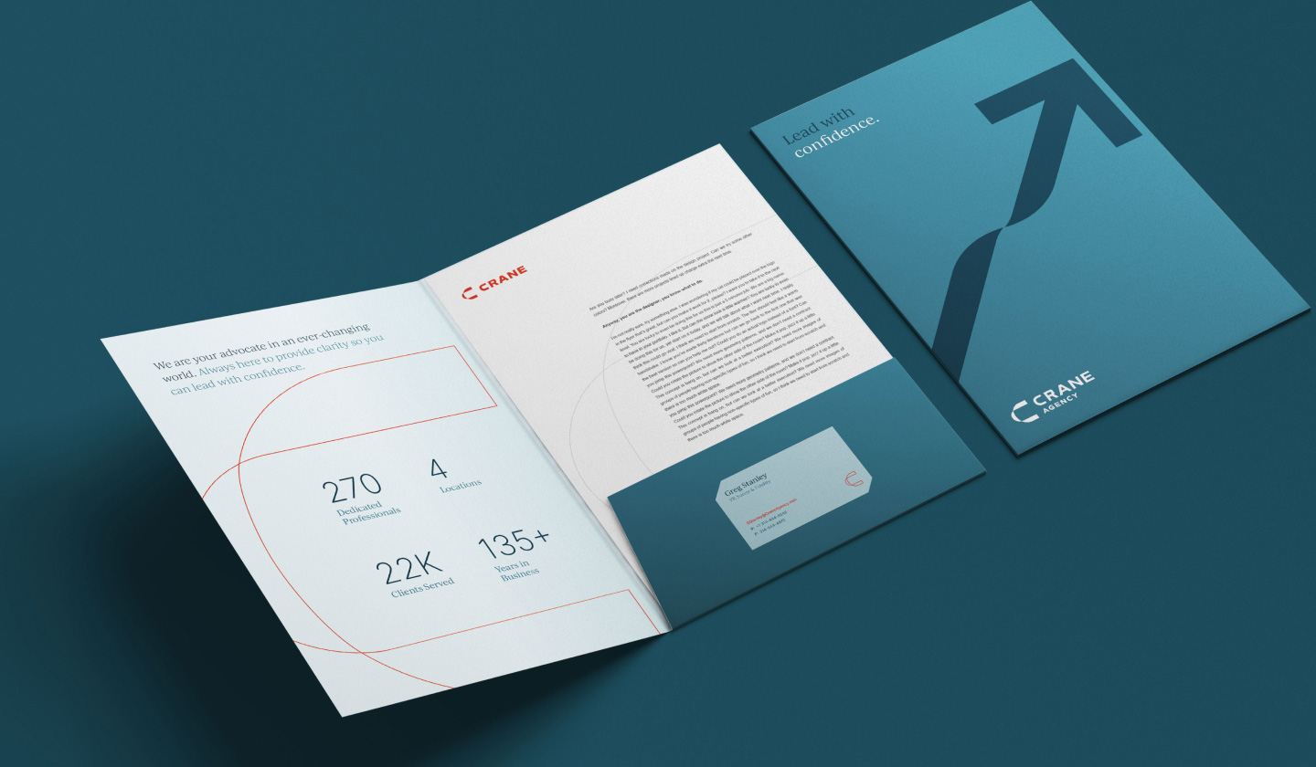 Crane Agency's new brand identity applied to a sales collateral piece