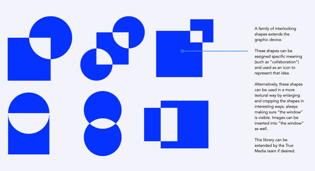 Variations of the overlapping shapes used as graphic devices in True Media's new brand identity