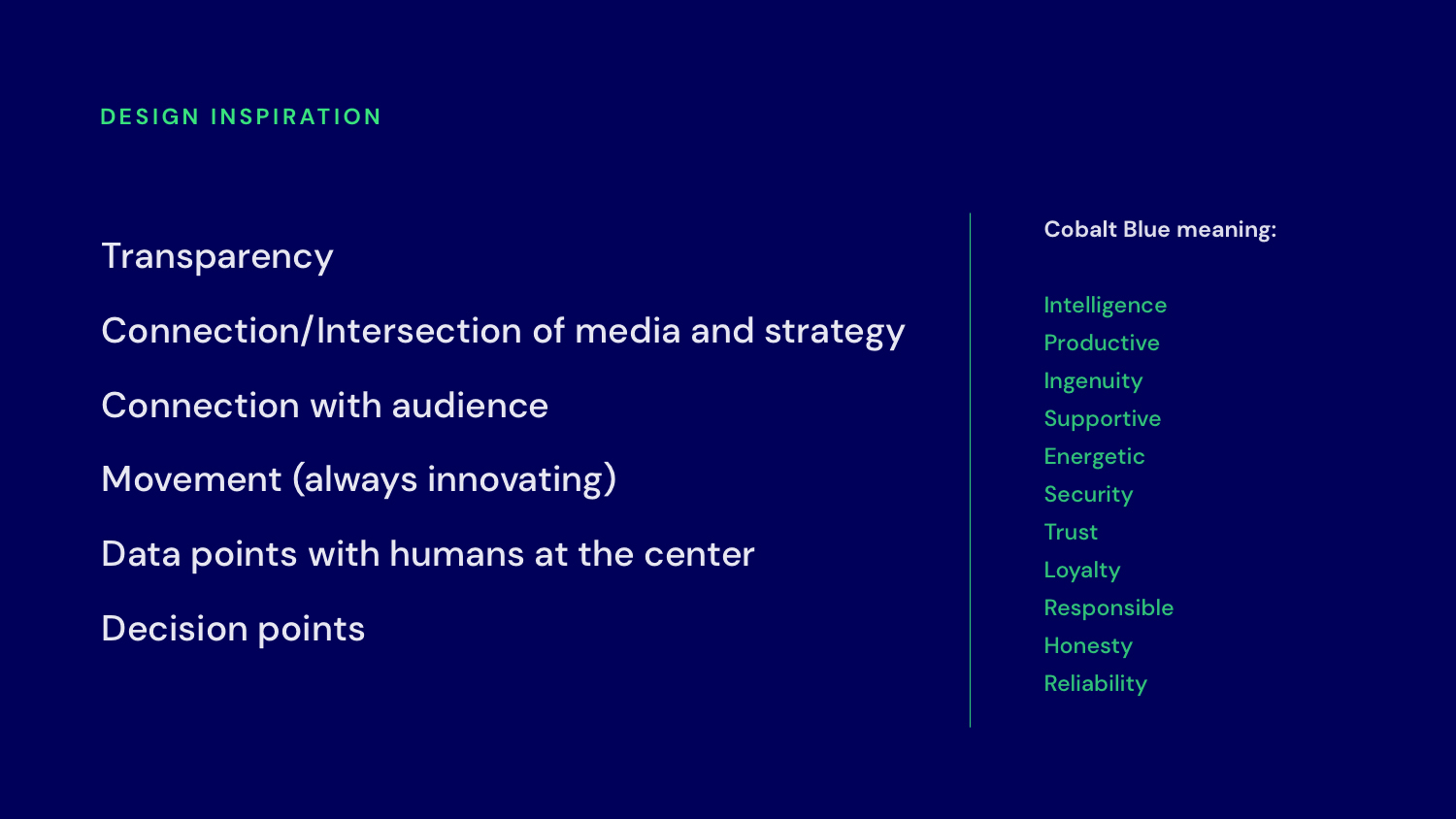 A list of design inspiration (including transparency, movement and the intersection of media and strategy) for the True Media brand identity