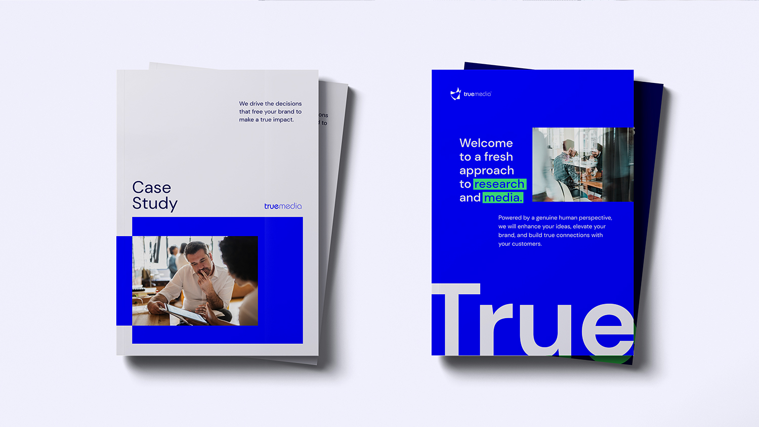 Case study and other sales materials featuring True Media's new visual brand