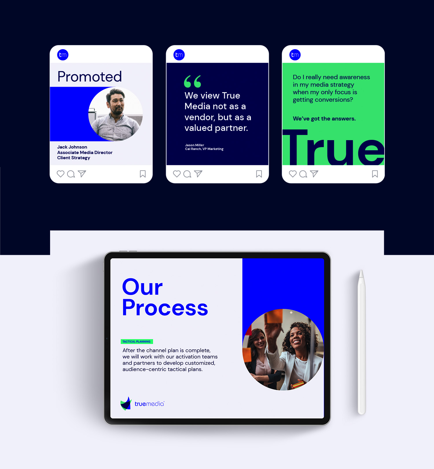 Social media posts and website design mockups with the new True Media brand identity