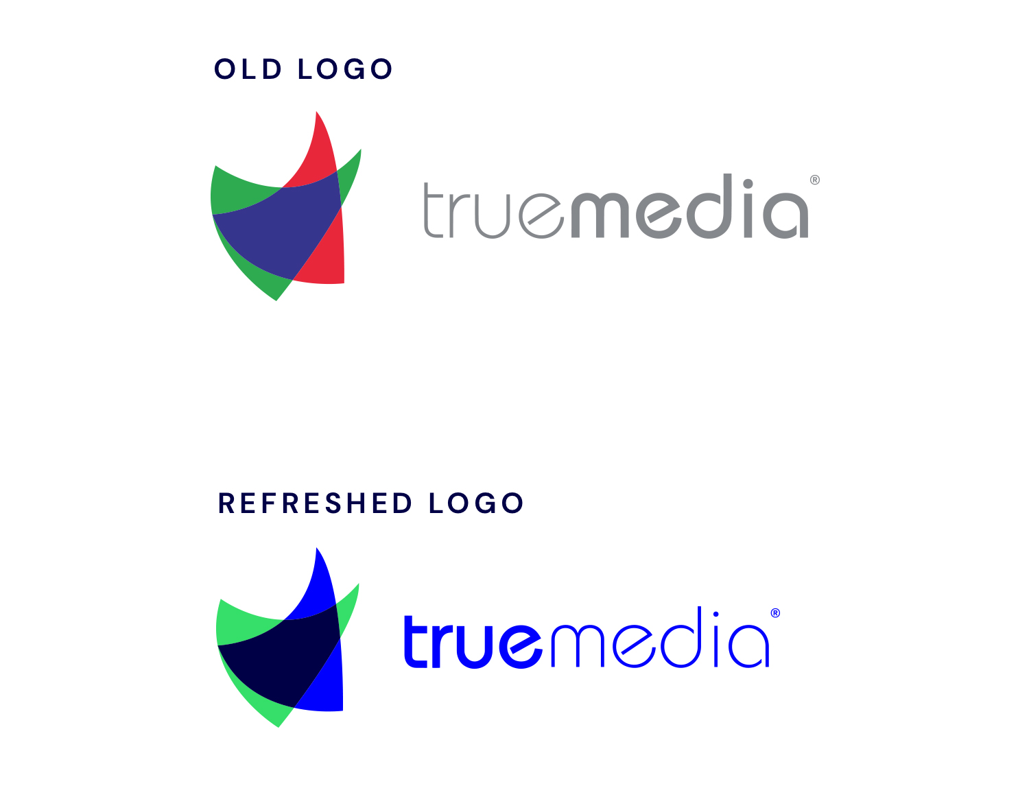 True Media's old logo and its new logo, with emphasis going from 'media' to 'true'
