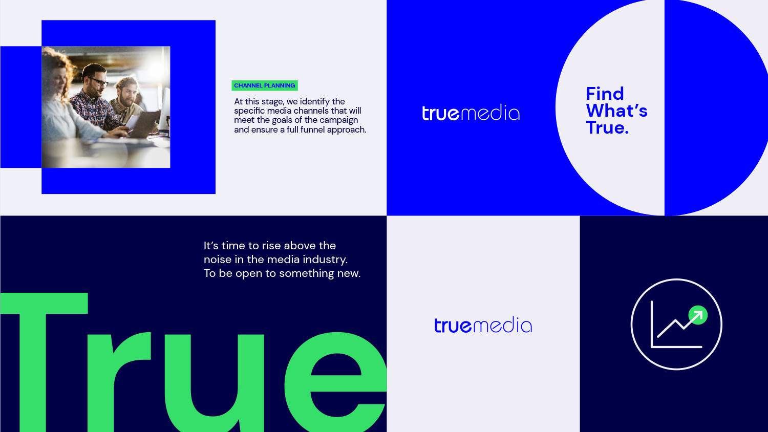 Graphic elements and language from the new True Media brand